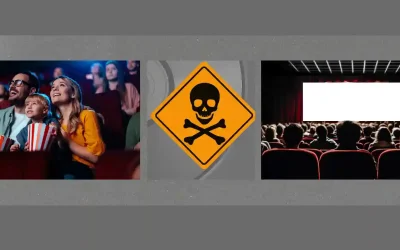 Family enjoying movie theater with piracy warning skull sign and empty cinema screen illustrating risks of sites like 9xmovies
