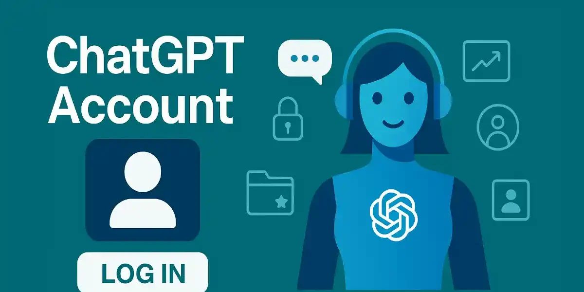 Illustration of a friendly AI character wearing a headset, surrounded by icons like a speech bubble, lock, graph, folder, and profiles, with "ChatGPT Account" text and a "LOG IN" button, representing account access and features.