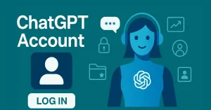 Illustration of a friendly AI character wearing a headset, surrounded by icons like a speech bubble, lock, graph, folder, and profiles, with "ChatGPT Account" text and a "LOG IN" button, representing account access and features.