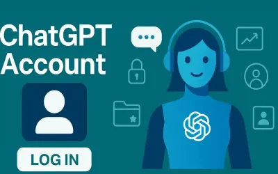 Illustration of a friendly AI character wearing a headset, surrounded by icons like a speech bubble, lock, graph, folder, and profiles, with "ChatGPT Account" text and a "LOG IN" button, representing account access and features.