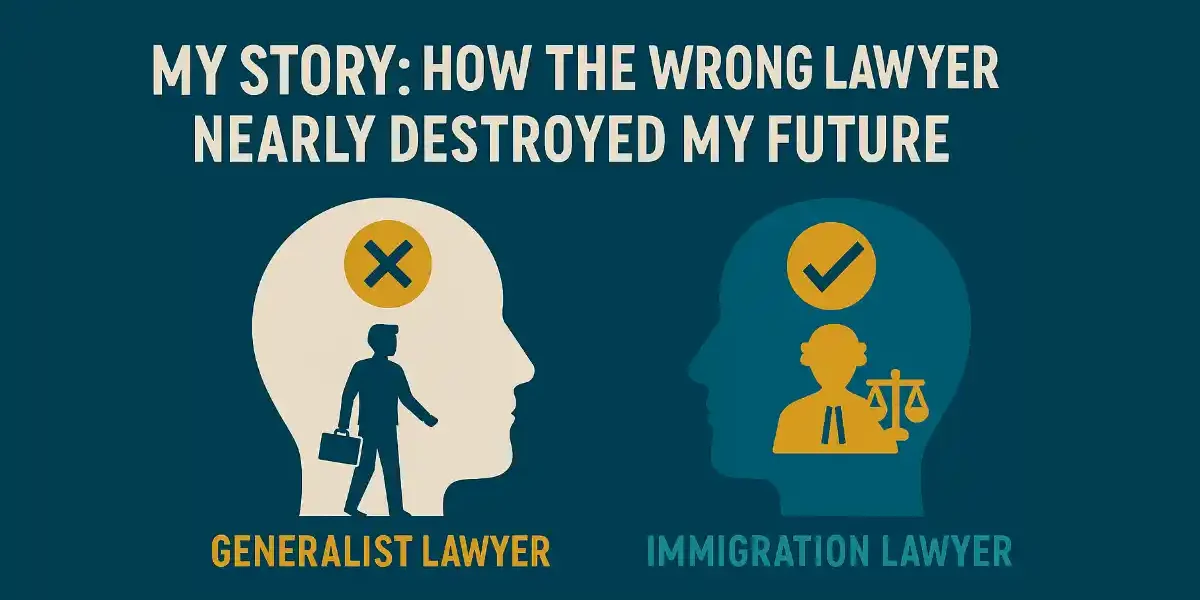 Illustration comparing a generalist lawyer with a red X mark to an immigration lawyer with a green checkmark, emphasizing the risks of the wrong legal choice.
