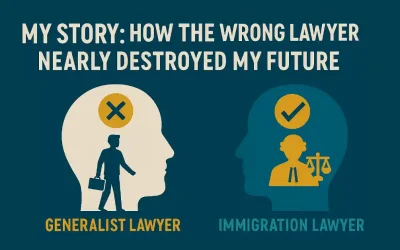 Illustration comparing a generalist lawyer with a red X mark to an immigration lawyer with a green checkmark, emphasizing the risks of the wrong legal choice.