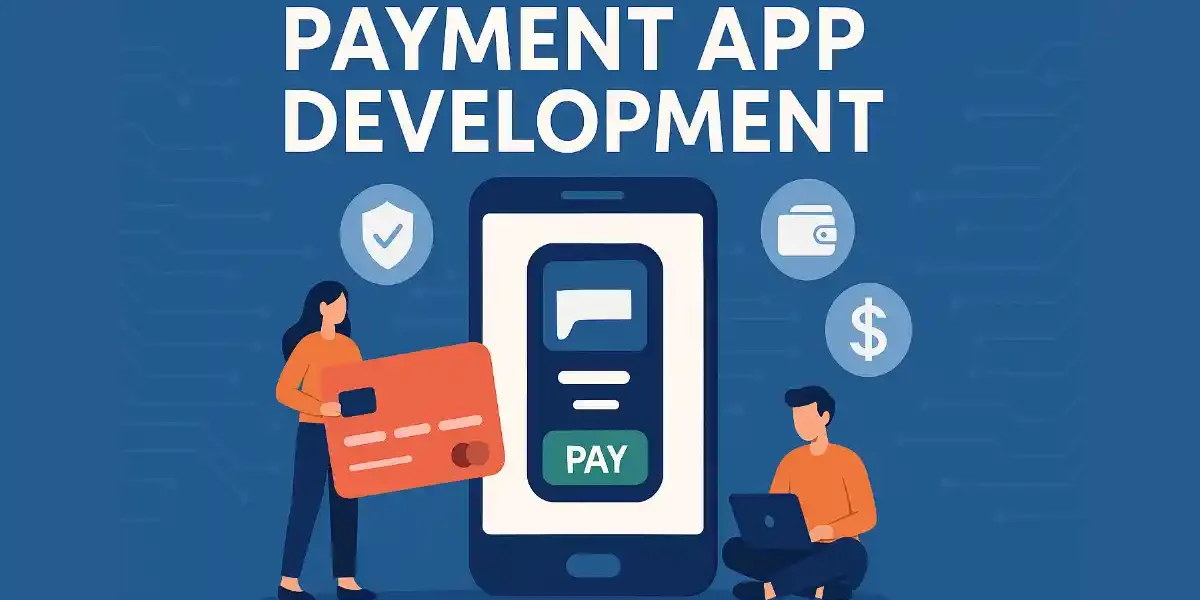 Illustration of payment app development with developers interacting with a mobile payment interface, credit card, and security icons.