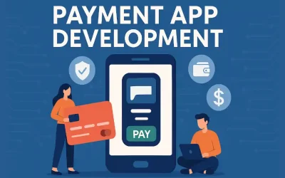 Illustration of payment app development with developers interacting with a mobile payment interface, credit card, and security icons.