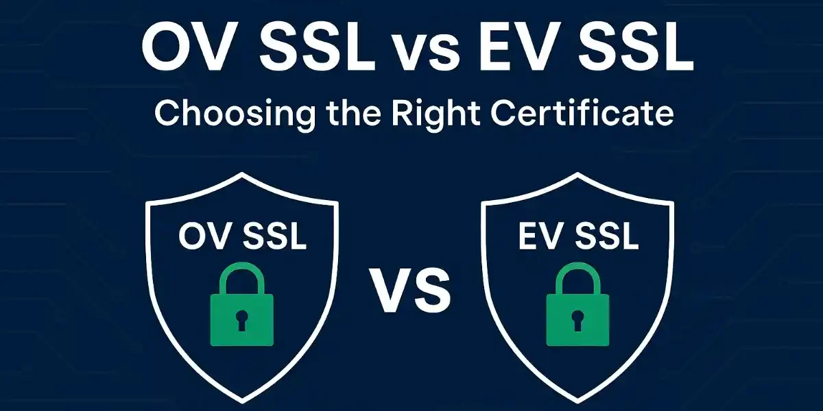 Comparison of OV SSL and EV SSL certificates with shield icons representing security choices.