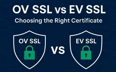 Comparison of OV SSL and EV SSL certificates with shield icons representing security choices.