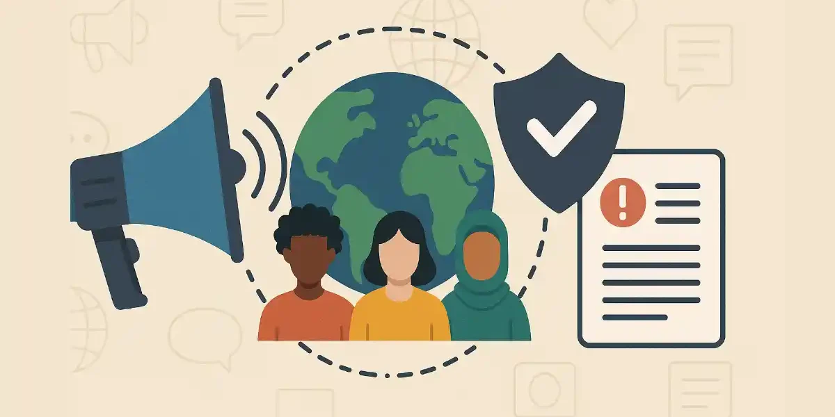 Illustration of diverse people with global communication icons, including a megaphone, earth globe, security shield, and alert document, representing reputation management and audience engagement.