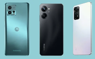 Three budget smartphones side by side: Motorola in teal, realme in black, and Redmi in white, showcasing rear designs and camera modules on a blue background.