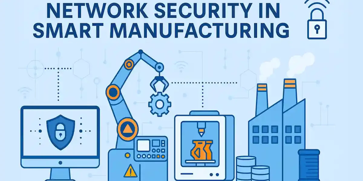Illustration of network security elements in smart manufacturing including robotic arm, 3D printer, and factory icons with lock symbols