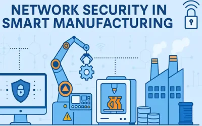 Illustration of network security elements in smart manufacturing including robotic arm, 3D printer, and factory icons with lock symbols