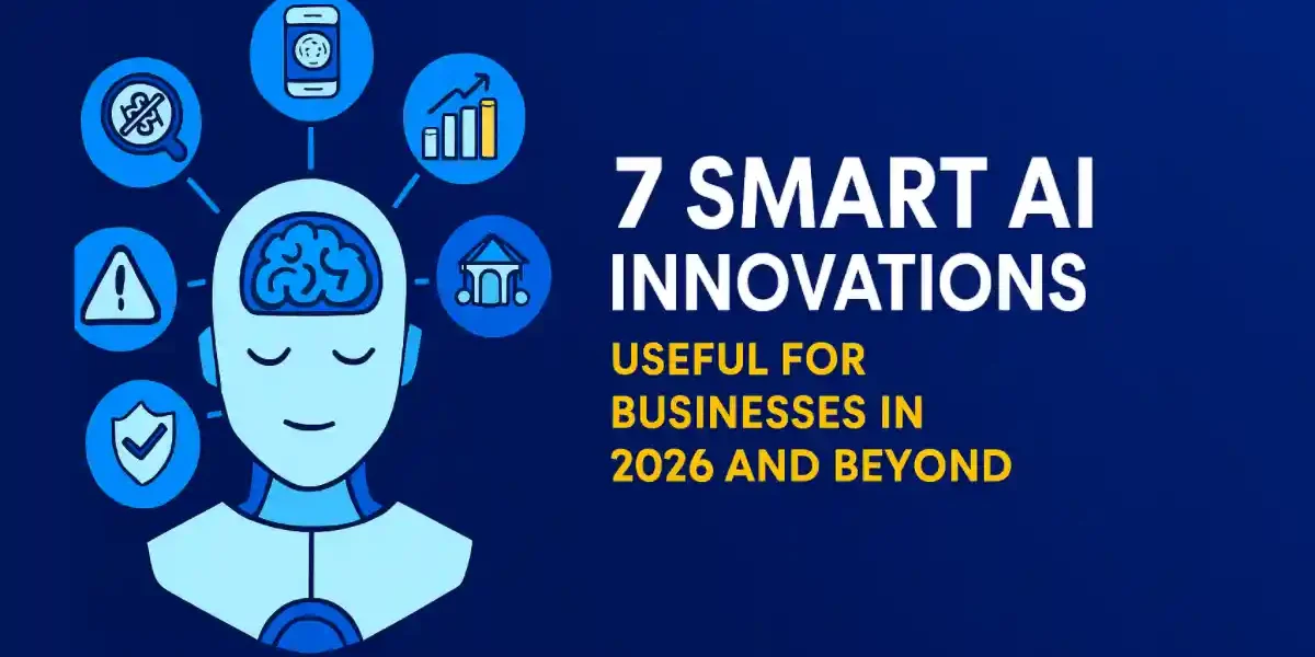 Illustration of a calm robot head with connected icons representing AI benefits like security, growth, and alerts, titled "7 Smart AI Innovations Useful for Businesses in 2026 and Beyond" on a blue background.