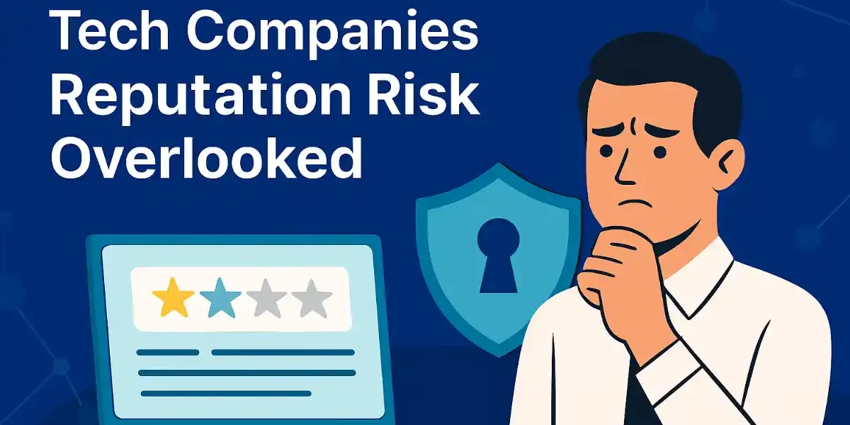 Illustration of a concerned businessman pondering overlooked reputation risks for tech companies, featuring a security shield with keyhole, a laptop displaying star ratings, and a dark blue background with network elements.