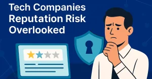 Illustration of a concerned businessman pondering overlooked reputation risks for tech companies, featuring a security shield with keyhole, a laptop displaying star ratings, and a dark blue background with network elements.