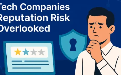 Illustration of a concerned businessman pondering overlooked reputation risks for tech companies, featuring a security shield with keyhole, a laptop displaying star ratings, and a dark blue background with network elements.