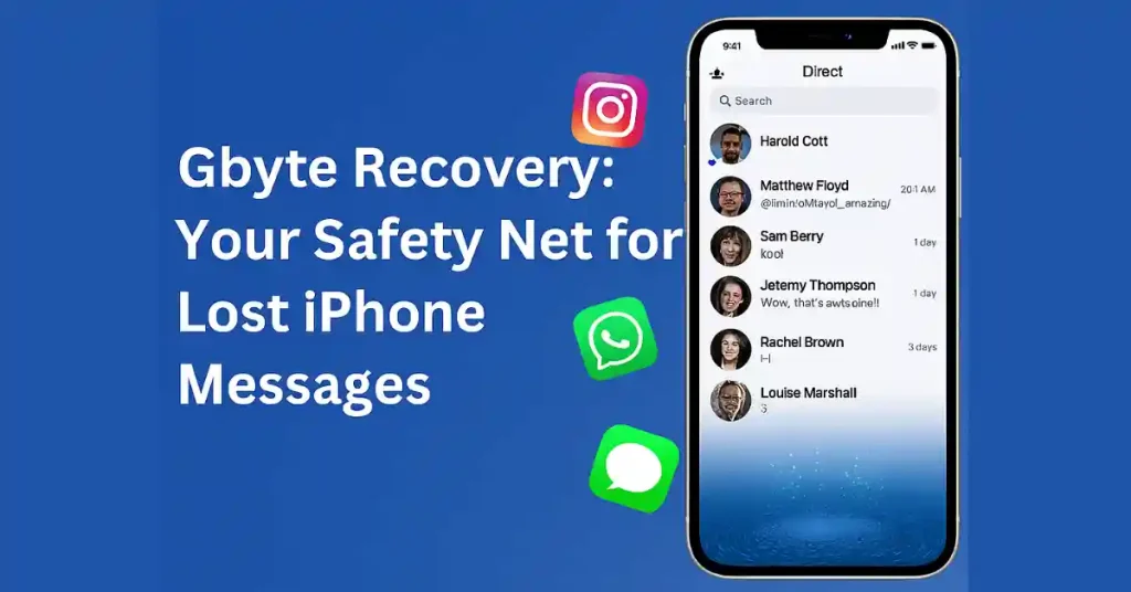 Gbyte Recovery image showing iPhone with Instagram DMs, WhatsApp, and iMessage for lost message recovery.