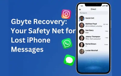 Gbyte Recovery image showing iPhone with Instagram DMs, WhatsApp, and iMessage for lost message recovery.