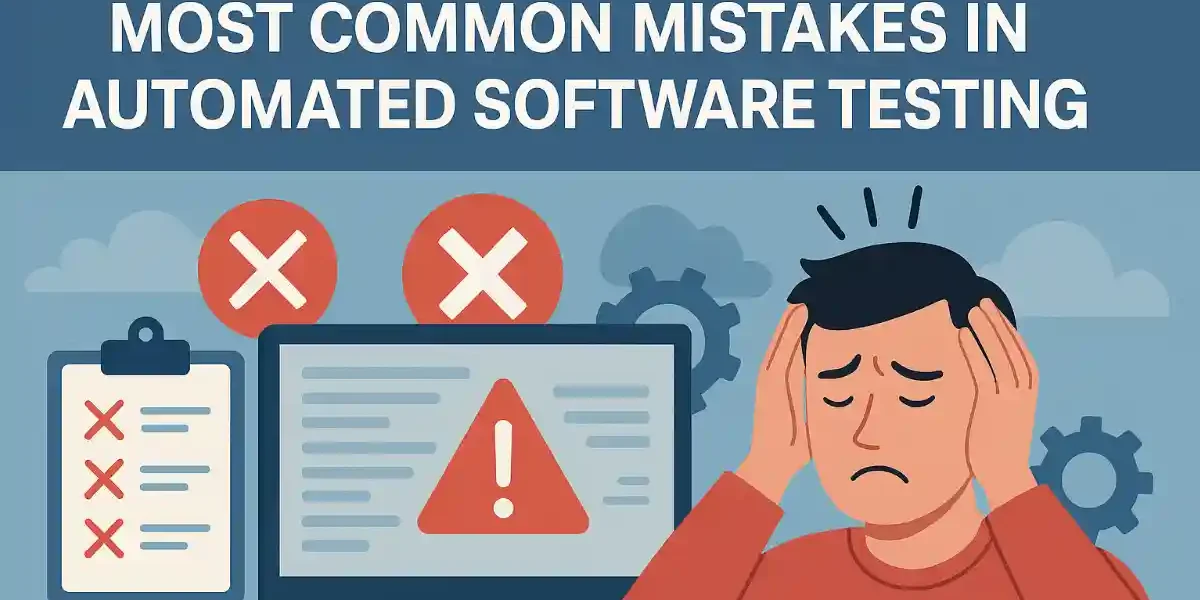 Illustration of a frustrated developer holding their head while facing error icons, a checklist with red X marks, and a computer screen displaying a warning sign, representing common mistakes in automated software testing.