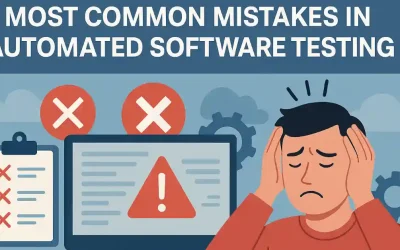Illustration of a frustrated developer holding their head while facing error icons, a checklist with red X marks, and a computer screen displaying a warning sign, representing common mistakes in automated software testing.