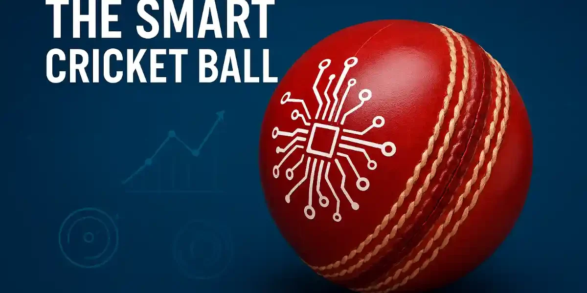 Illustration of a smart cricket ball with circuit board designs on a red leather surface, gold seam, set against a blue background featuring data graphs and analytics icons representing technological advancement in sports.
