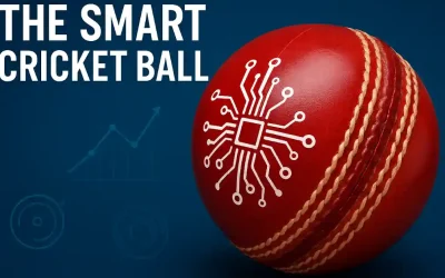 Illustration of a smart cricket ball with circuit board designs on a red leather surface, gold seam, set against a blue background featuring data graphs and analytics icons representing technological advancement in sports.