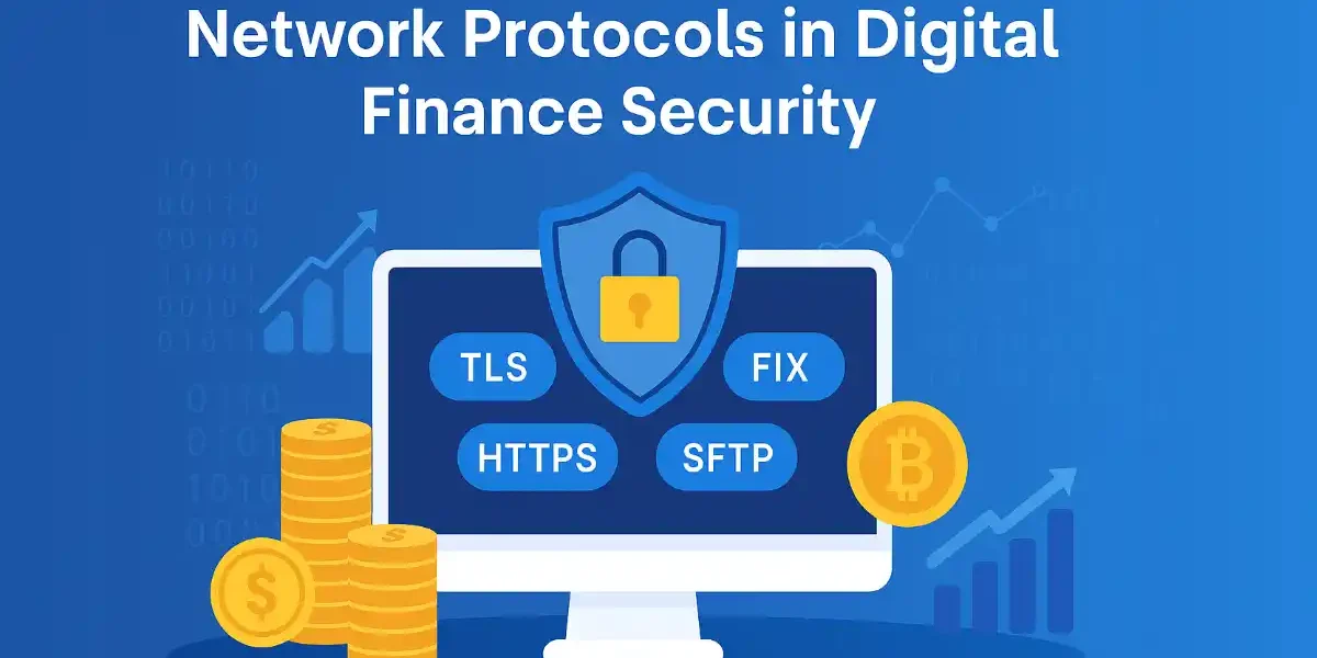 Illustration of network protocols in digital finance security showing a computer screen with shield, lock, and buttons for TLS, FIX, HTTPS, SFTP, surrounded by dollar coins, Bitcoin, and growth charts on a blue binary background.
