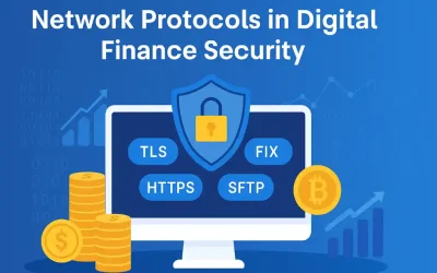 Illustration of network protocols in digital finance security showing a computer screen with shield, lock, and buttons for TLS, FIX, HTTPS, SFTP, surrounded by dollar coins, Bitcoin, and growth charts on a blue binary background.