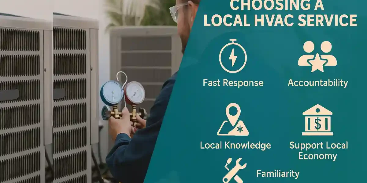 Local HVAC services technician in safety glasses inspecting pressure gauges on an outdoor air conditioning unit beside two modern AC condensers, with teal overlay icons highlighting benefits like fast response, accountability, local knowledge, and economic support.