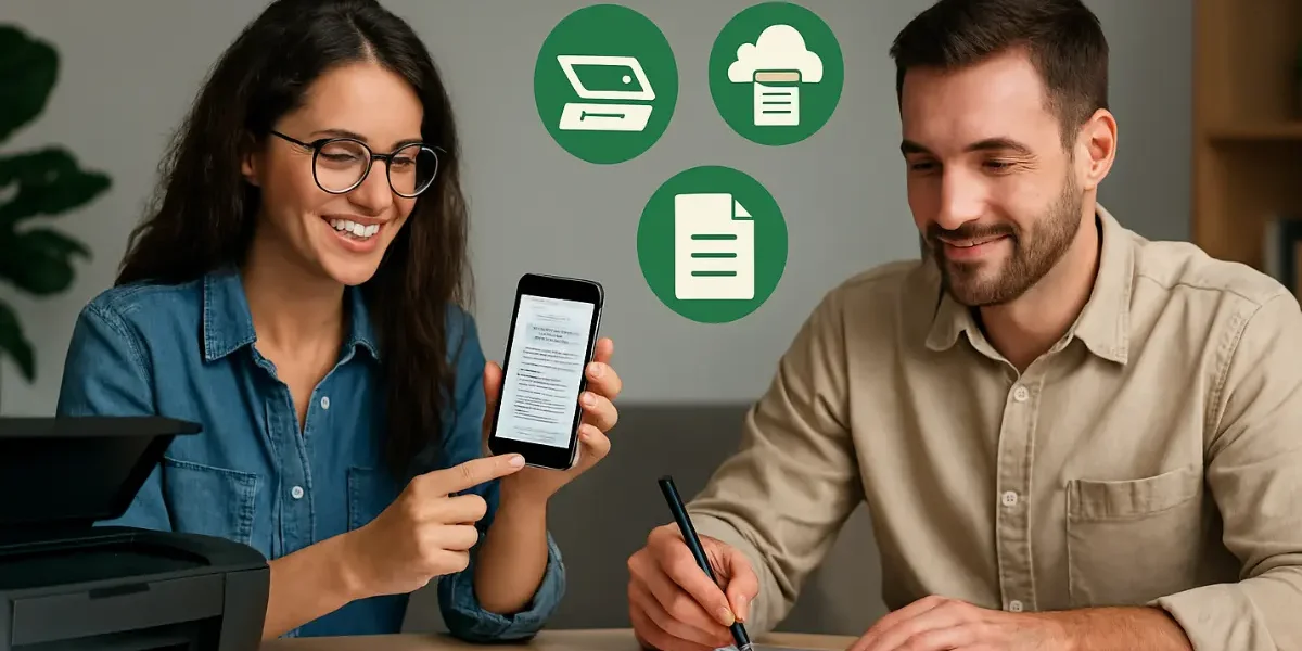 Man and woman using smartphones and laptops to scan, sign, and organize documents digitally in a modern office—promoting eco-friendly tech habits.