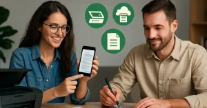 Man and woman using smartphones and laptops to scan, sign, and organize documents digitally in a modern office—promoting eco-friendly tech habits.