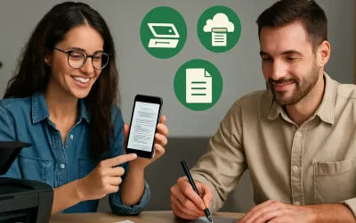 Man and woman using smartphones and laptops to scan, sign, and organize documents digitally in a modern office—promoting eco-friendly tech habits.