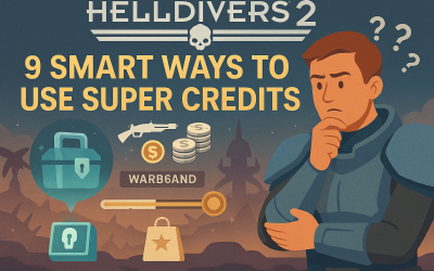 Helldivers 2 player strategizing Super Credit usage with glowing containers, Warbond gear icons, and futuristic battlefield elements.