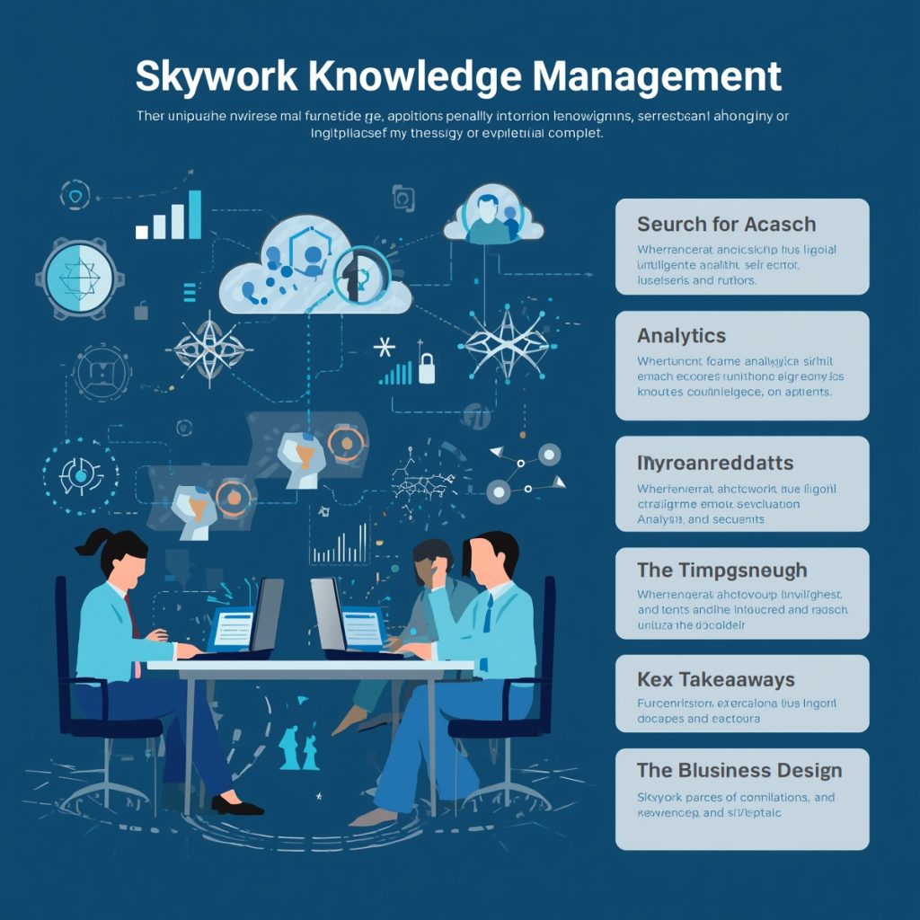 Flat-design infographic illustrating Skywork Knowledge Management with AI, analytics, cloud data, and collaboration icons.