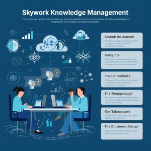 Flat-design infographic illustrating Skywork Knowledge Management with AI, analytics, cloud data, and collaboration icons.