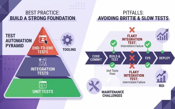 Illustration Of The Test Automation Pyramid And A Ci/Cd Pipeline With Passing And Flaky Test Markers, Representing Automated Software Testing Best Practices