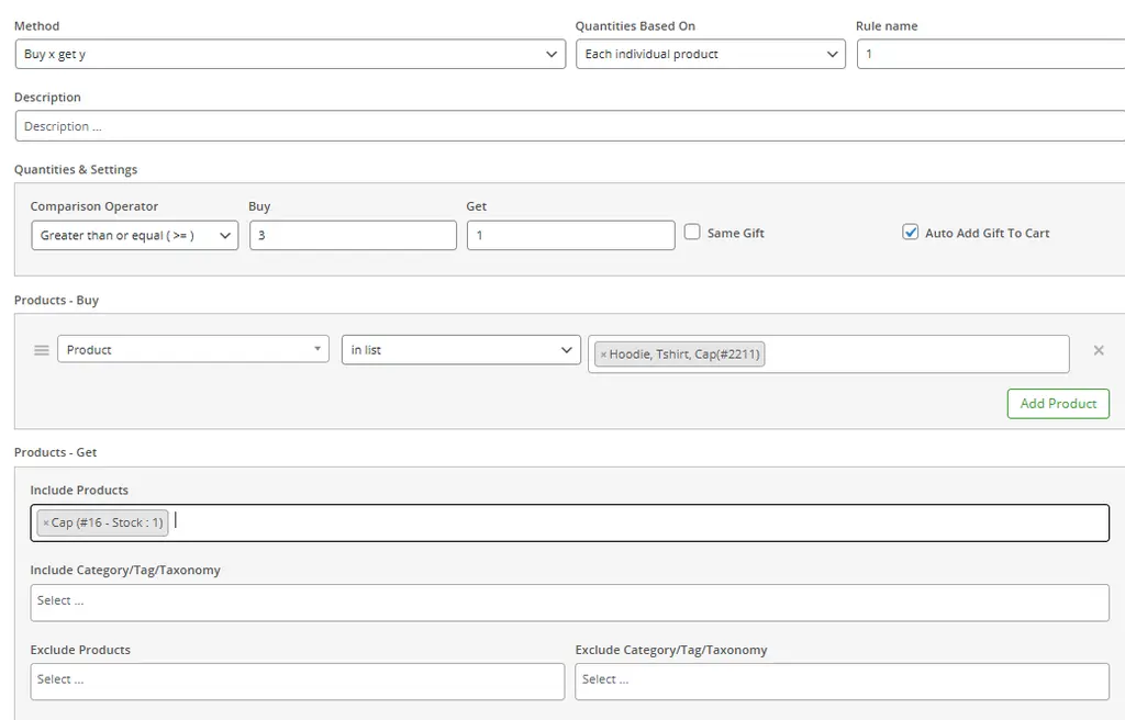 WooCommerce plugin configuration screen for a "Buy X Get Y" promotional rule. Fields include method selection, quantity basis, rule name, and comparison operator. The rule offers 1 free item when a customer buys 3 qualifying products (Hoodie, T-shirt, Cap). Gift item is a Cap, auto-added to cart. Includes product inclusion settings and unchecked "Same Gift" option. Used to automate customer rewards based on purchase behavior.