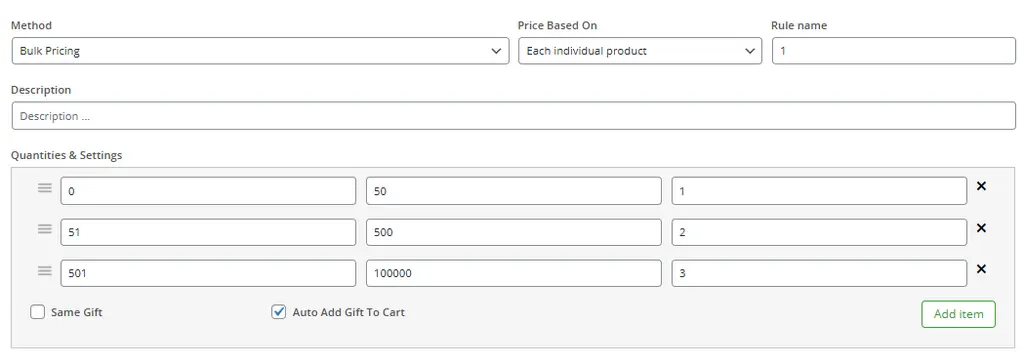 User interface of a WooCommerce plugin showing bulk pricing rule setup. Includes dropdowns for method and pricing basis, quantity ranges with discount values, checkboxes for gift options, and an "Add item" button. The rule applies tiered discounts based on product quantity, enabling flexible promotional strategies for online stores.