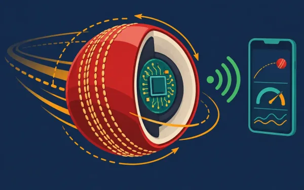 Flat Illustration Of A Cricket Ball With A Cutaway Showing An Embedded Sensor Chip, Motion Trails And A Bluetooth Signal To A Smartphone