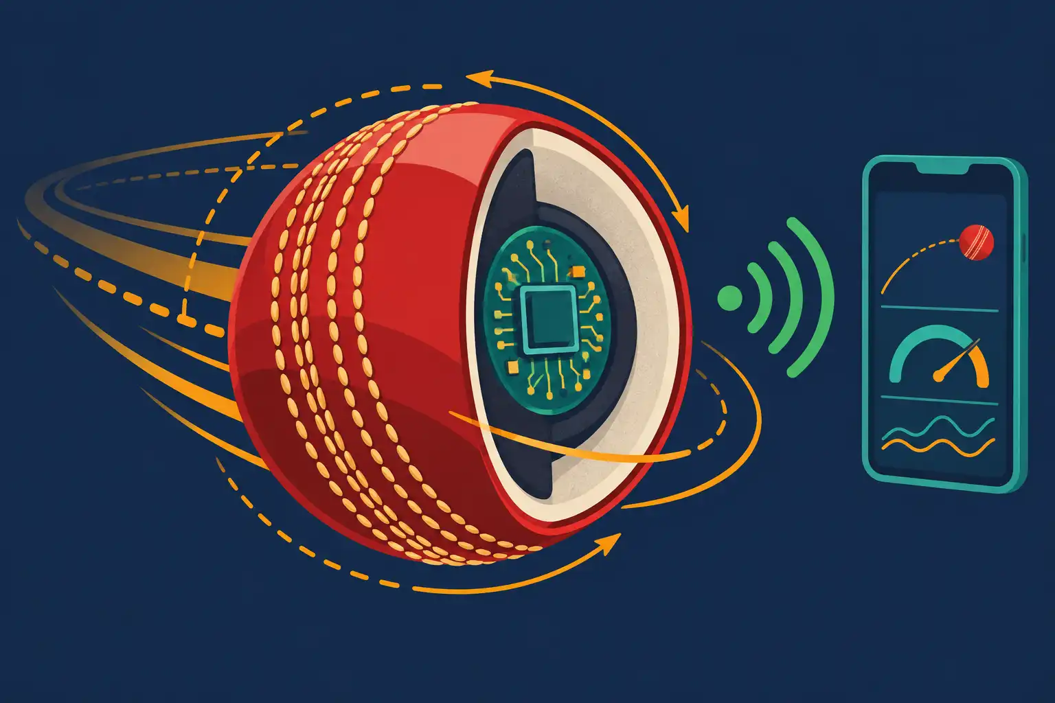 The Smart Ball Revolution: How Sensor Technology Is Changing Cricket 1 Flat Illustration Of A Cricket Ball With A Cutaway Showing An Embedded Sensor Chip, Motion Trails And A Bluetooth Signal To A Smartphone