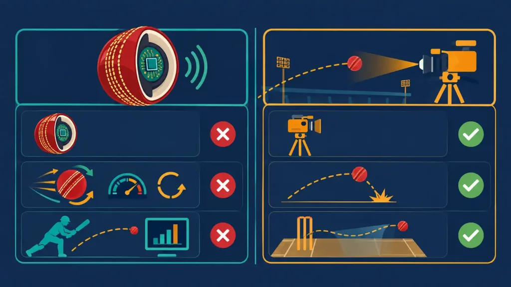 The Smart Ball Revolution: How Sensor Technology Is Changing Cricket 3 Two-Column Comparison Graphic Contrasting Embedded Smart Ball Sensors Used In Training And Research With Hawk-Eye Camera Tracking Used For Drs And Umpiring Decisions