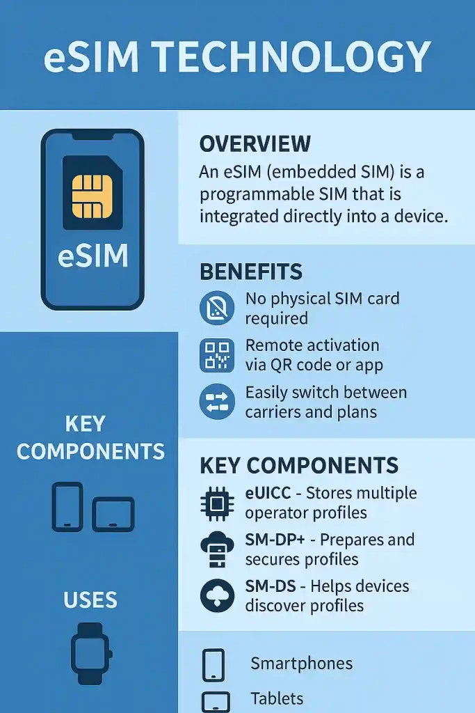 aphic on eSIM technology in china with sections for overview, benefits, key components, and uses. Includes icons for smartphones, SIM cards, QR codes, microchips, servers, and wearables, all set against a blue circuit-patterned background.