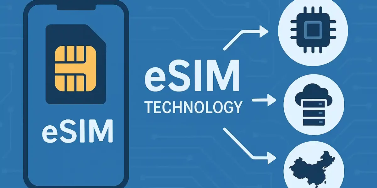 Illustration of eSIM technology featuring a smartphone, physical SIM card, embedded chip, cloud database, and map of China on a blue circuit board background.