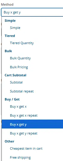 Dropdown menu from an e-commerce plugin interface showing various promotional pricing methods. The selected option is "Buy x get y," highlighted in blue. Other categories include Simple, Tiered, Bulk, Cart Subtotal, Buy/Get, and Other, with options like Tiered Quantity, Bulk Pricing, Subtotal repeat, Cheapest item in cart, and Free shipping. Used for configuring discount strategies in online stores.