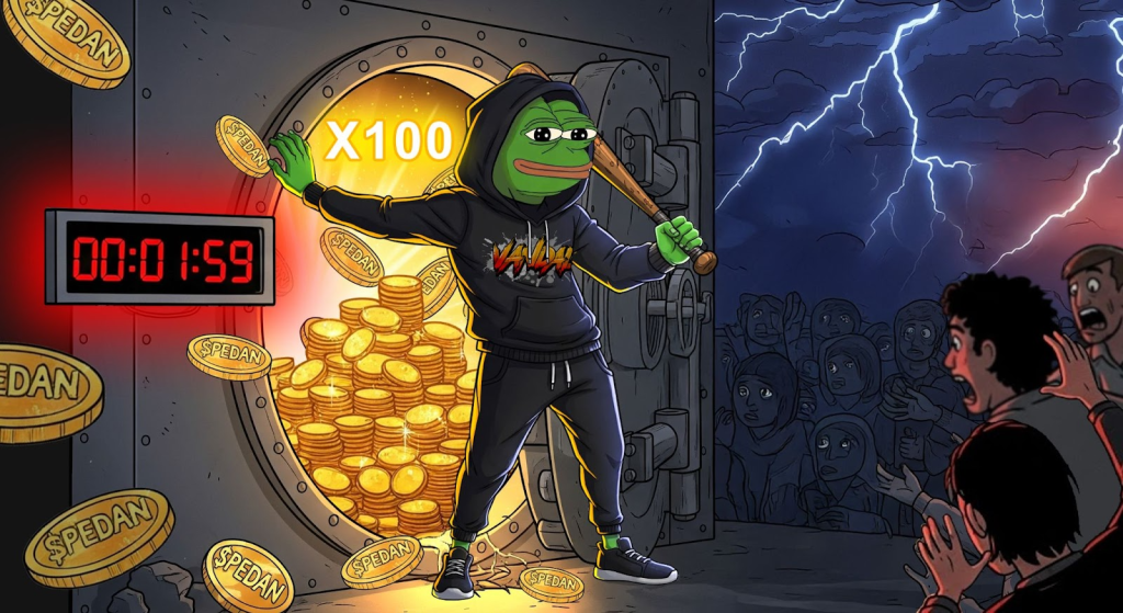 PepeVandal meme character guarding a vault full of SPEDAN crypto coins with countdown timer and storm in background.