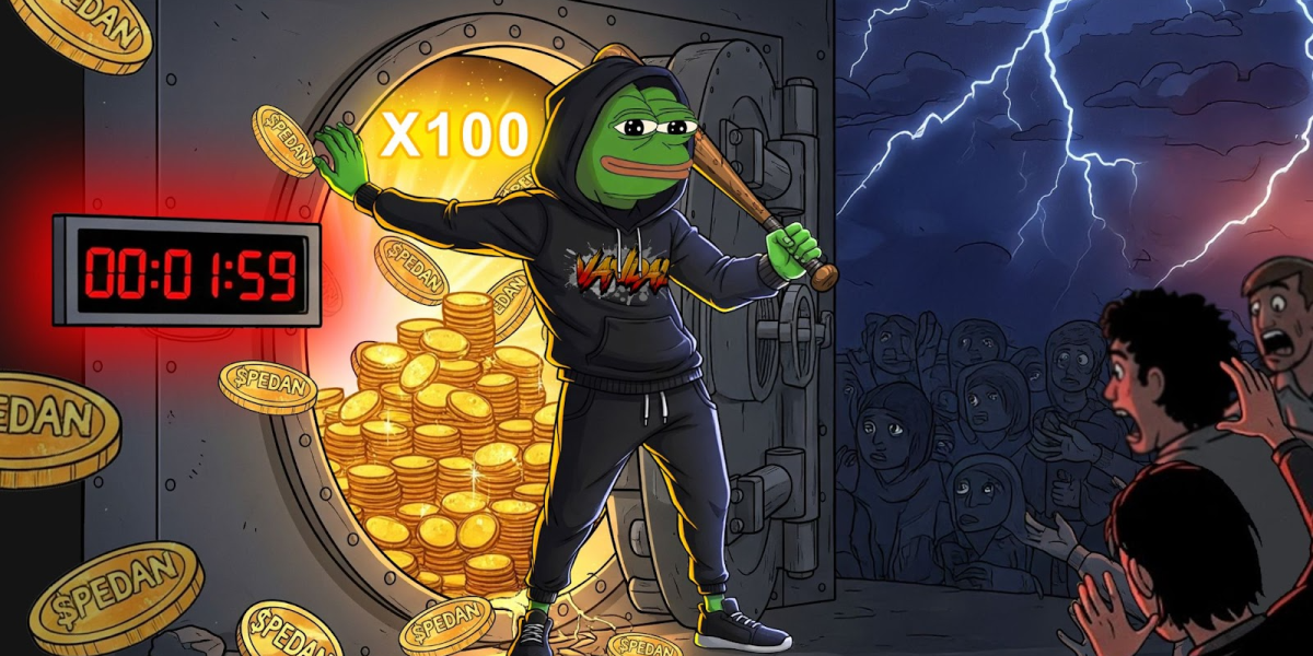 PepeVandal meme character guarding a vault full of SPEDAN crypto coins with countdown timer and storm in background.