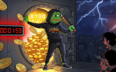 PepeVandal meme character guarding a vault full of SPEDAN crypto coins with countdown timer and storm in background.