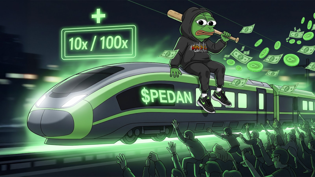 Pepe meme character riding the $PEDAN crypto train with 10x / 100x profits sign, dollar bills flying, and crowds running after it.
