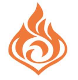 A stylized orange flame logo with a swirling design at the center, shaped like a teardrop with pointed edges.