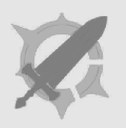 A grayscale logo featuring a large sword with a crossguard, overlaid on a circular design with pointed edges.