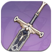A detailed illustration of a silver sword with an ornate crossguard and intricate patterns on the blade, set against a purple circular background.
