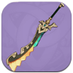 A stylized sword with a black and silver blade featuring green and orange accents, ornate crossguard, and a purple circular background.